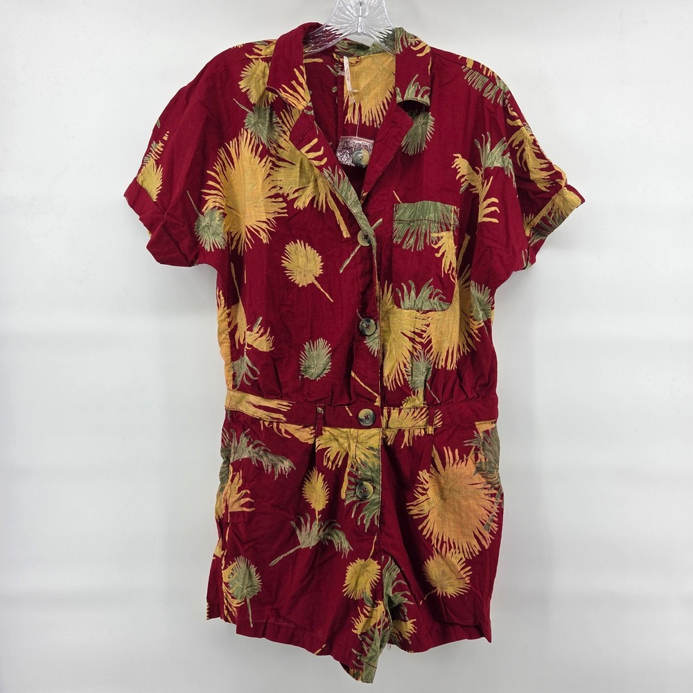Free People Palm Print‎ Romper Medium Red Tropical Vacation Short Sleeve Boho